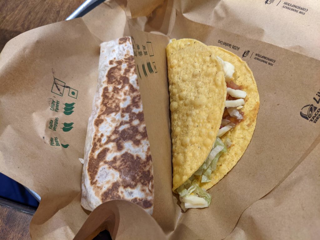 paneer tikka masala burrito and hard shell taco taco bell