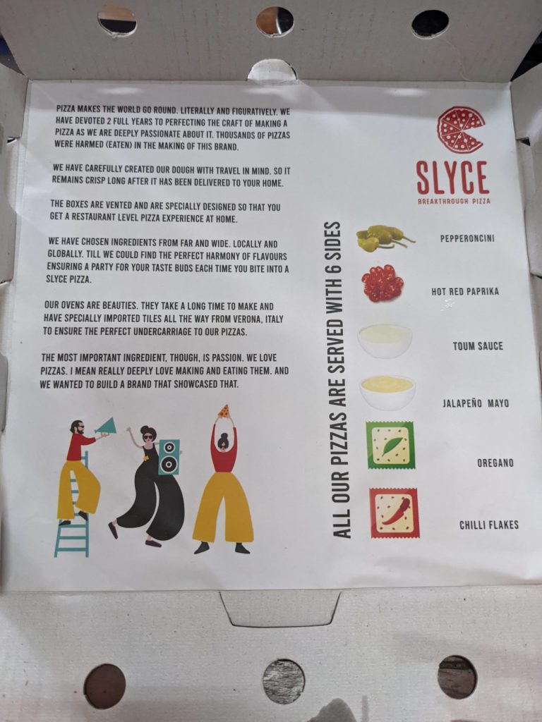 slyce pizza box with description