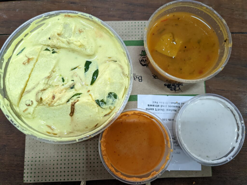 mooru curry with idli from banana leaf